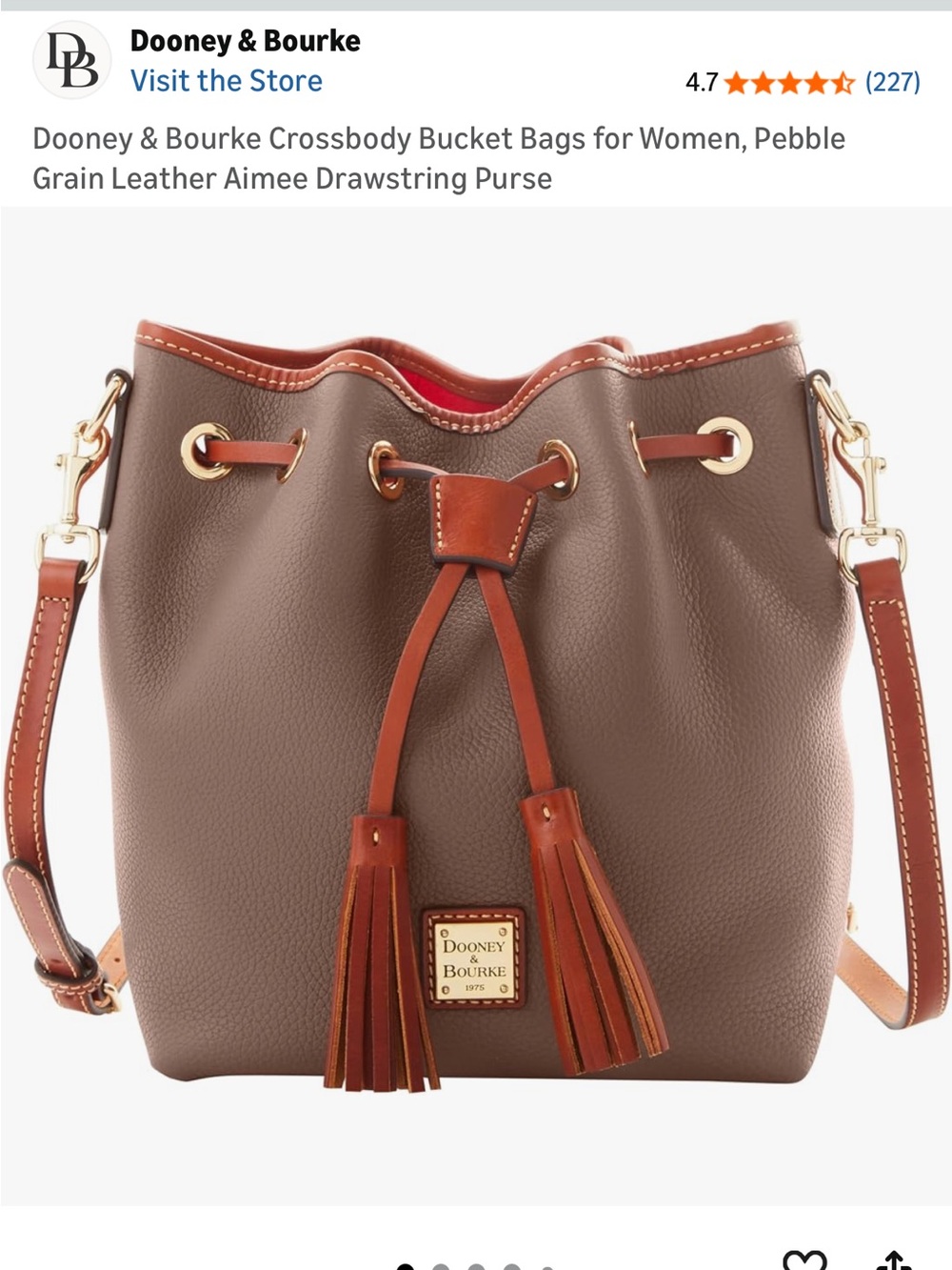 Dooney & Bourke NWT grey Pebble Leather Drawstring Crossbody with Tan Trim